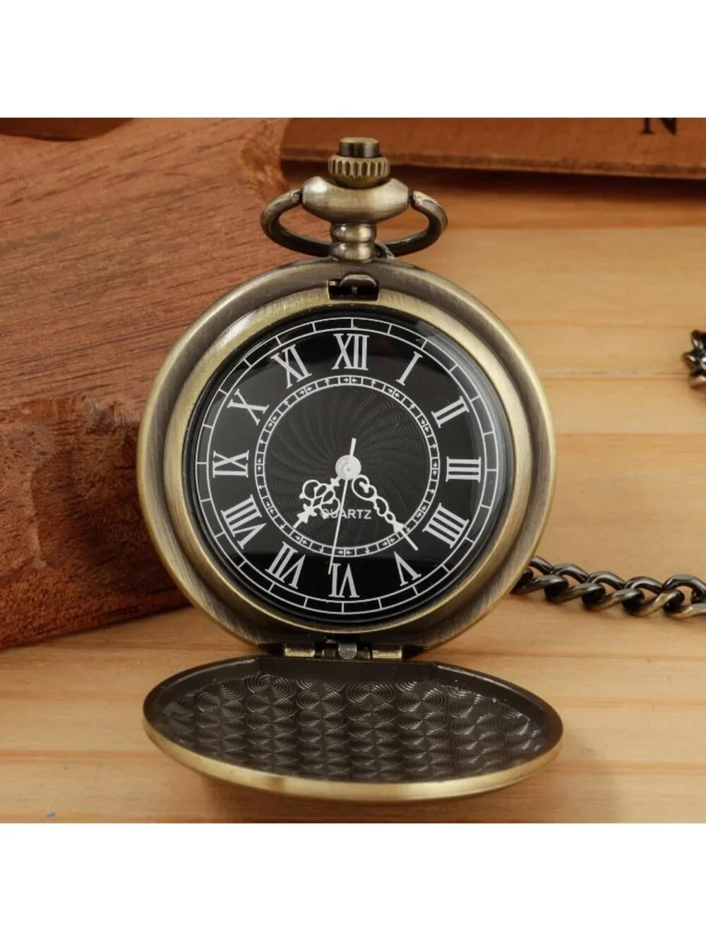 Men's Brown And Black Analog Quartz Flower Arabic Numerals Movement Pocket Watch